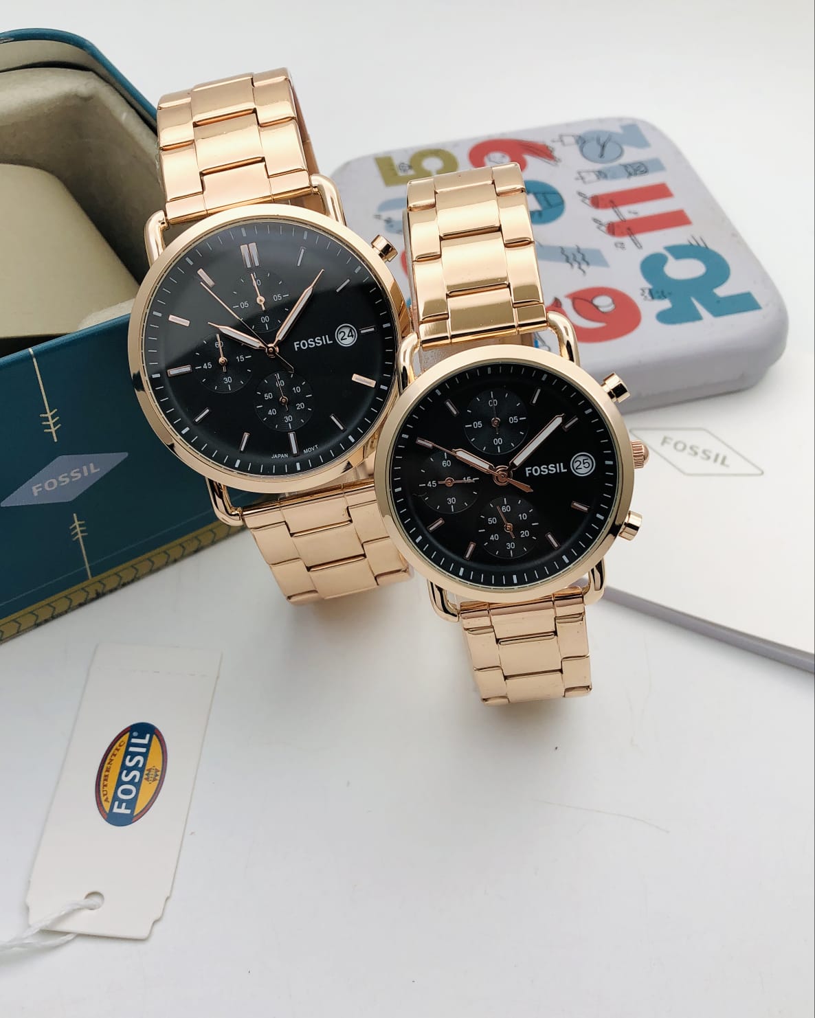 Fossil gold chain black dial couple watches