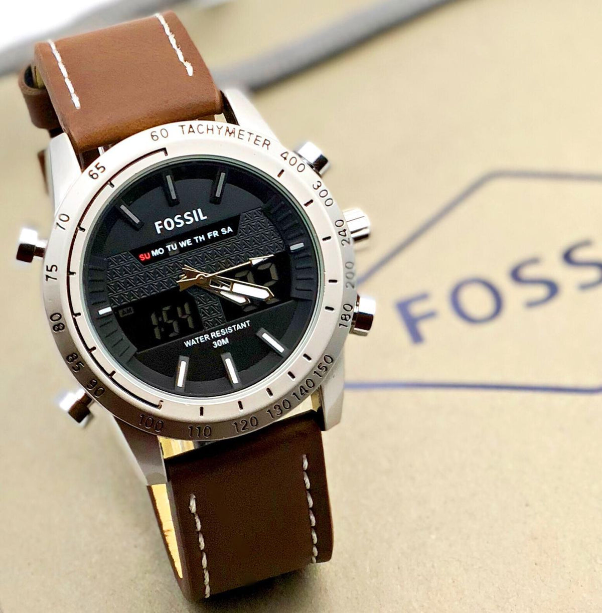 Fossil Digital Analog Silver Dial leather belt watch for men's