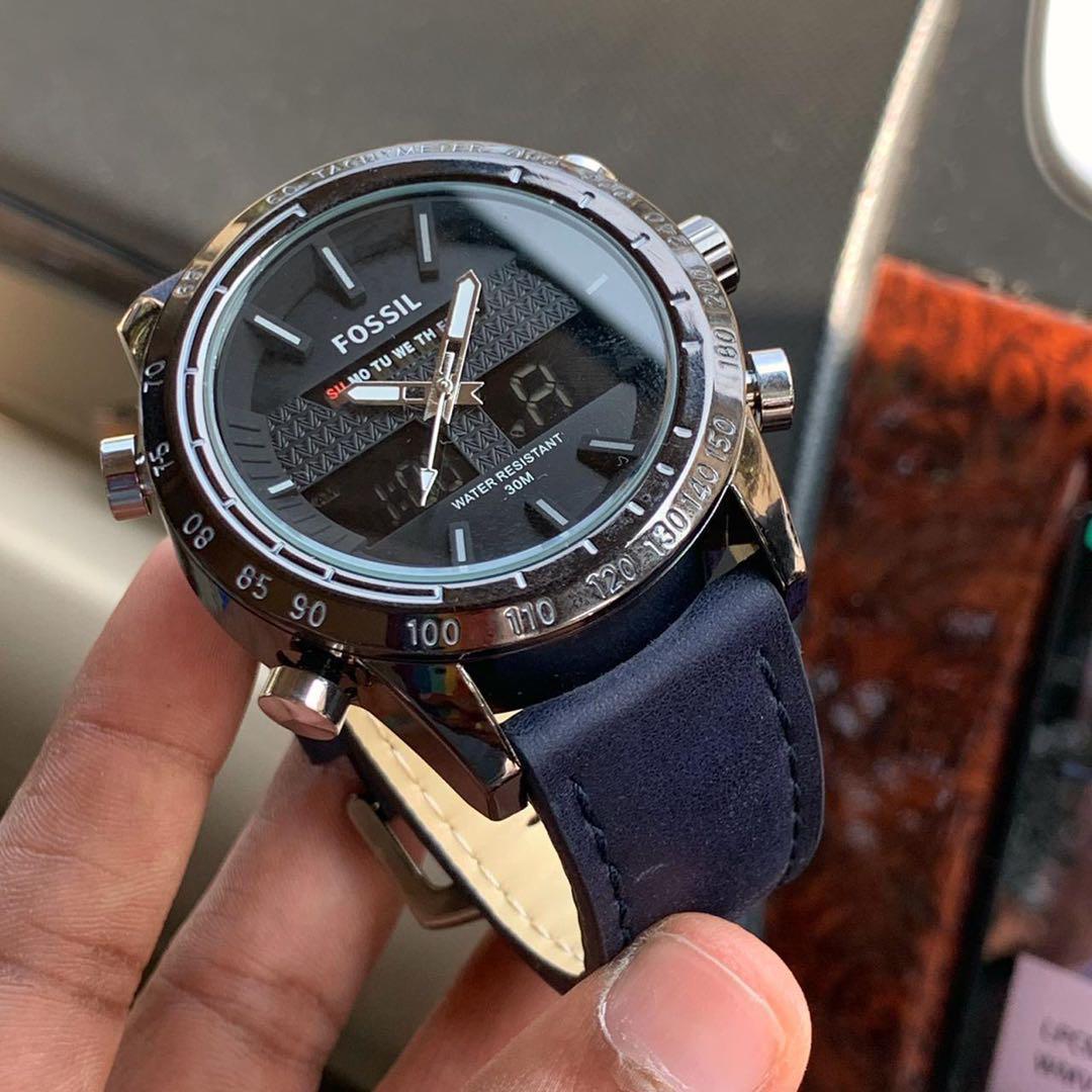 Fossil Digital Analog Black Dial leather belt watch for men's