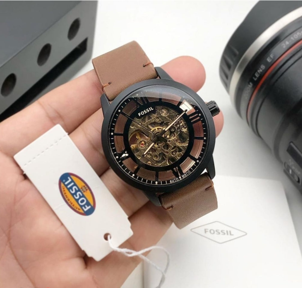 Fossil Open heart automatic Black dial pure leather belt watch