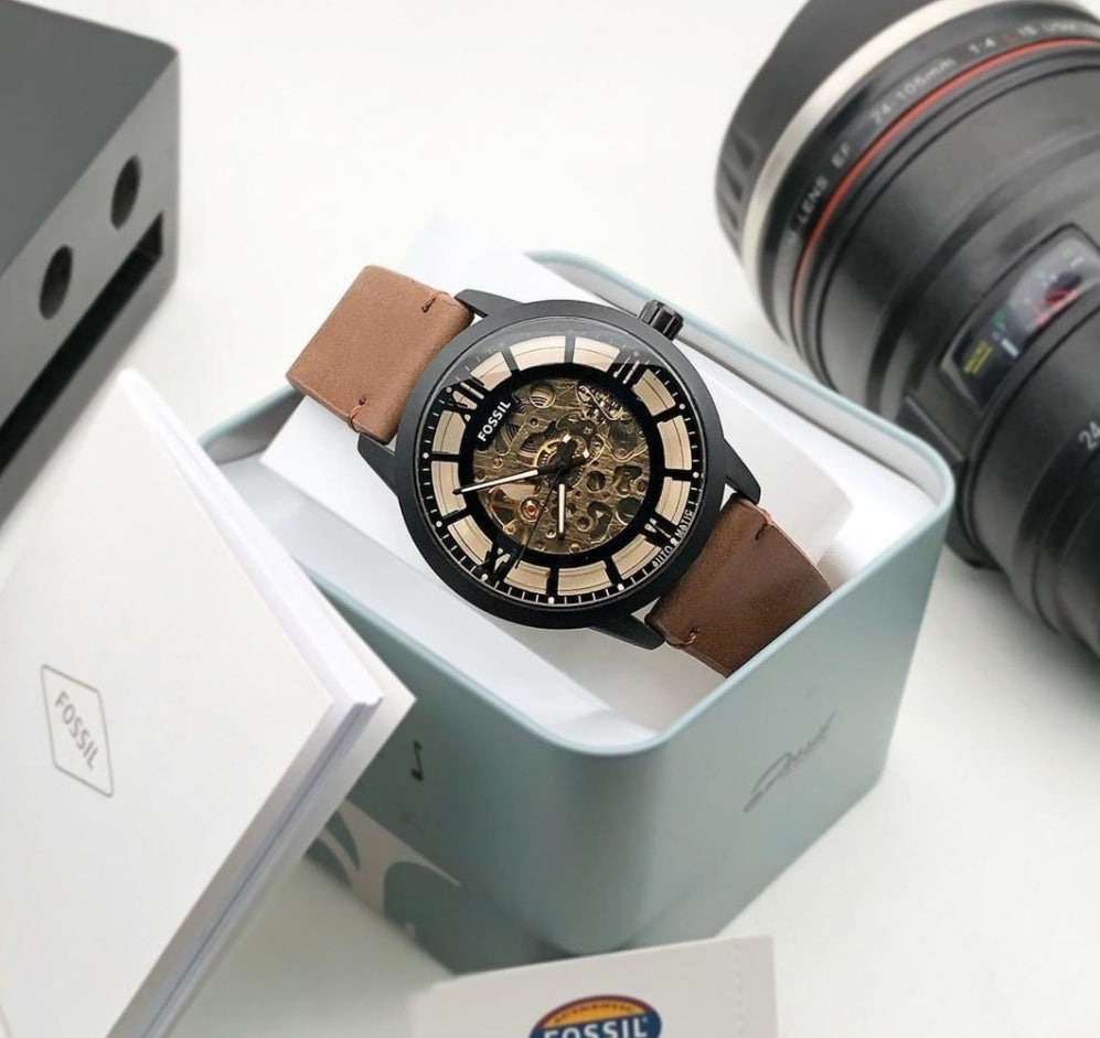 Fossil Open heart automatic Black dial pure leather belt watch