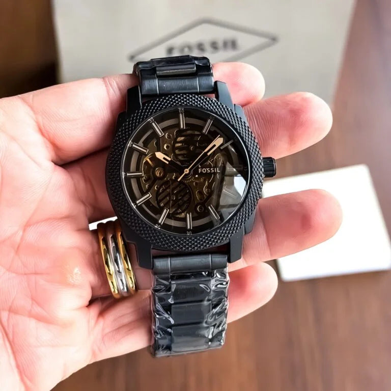 Fossil Skeleton Open Heart Black Dial