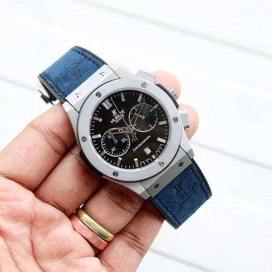 Hub-lot Silver Black Dial Chronograph Blue Leather Belt Watch For Men's