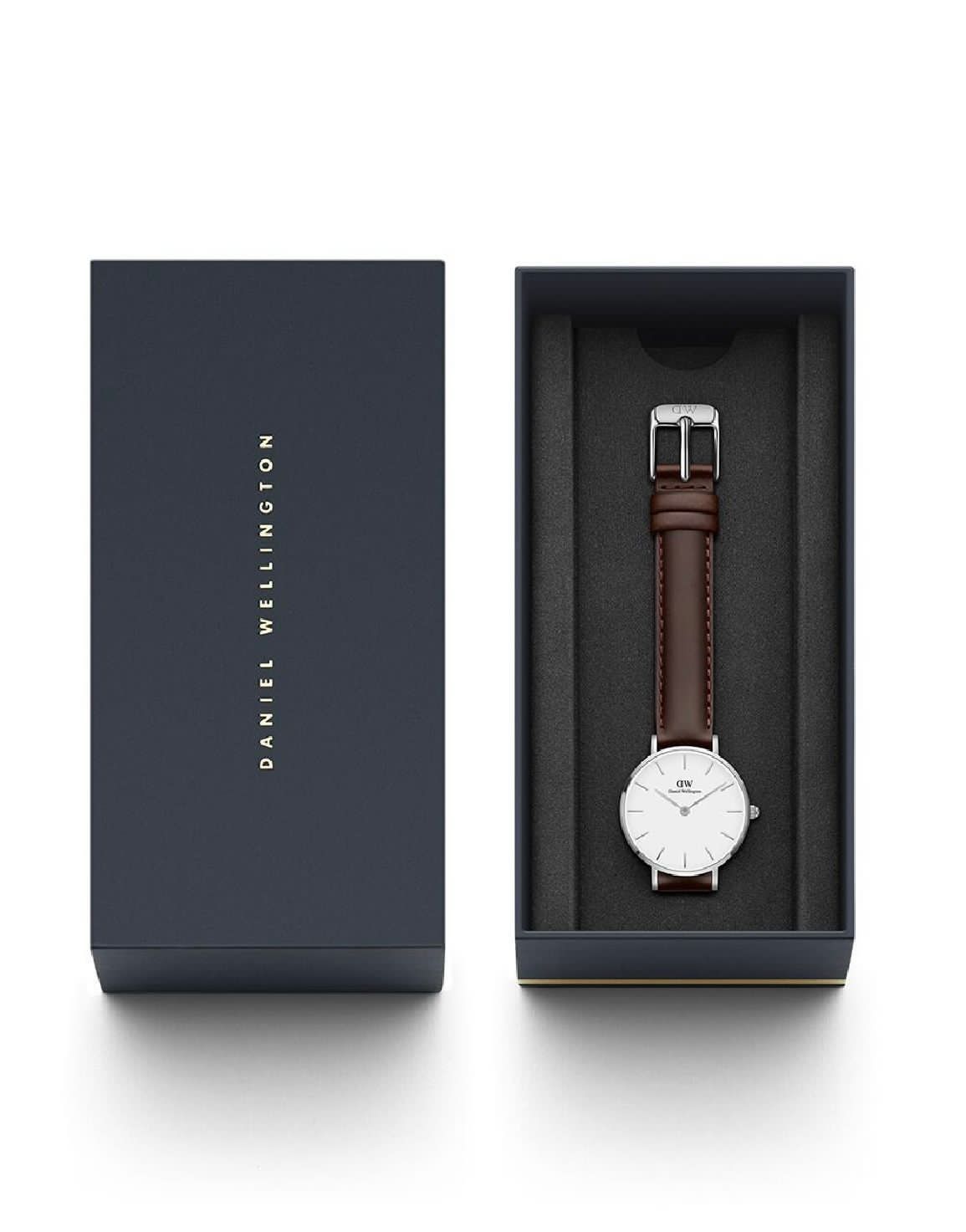 Daniel Wellington dark brown leather belt white dial watch for ladies