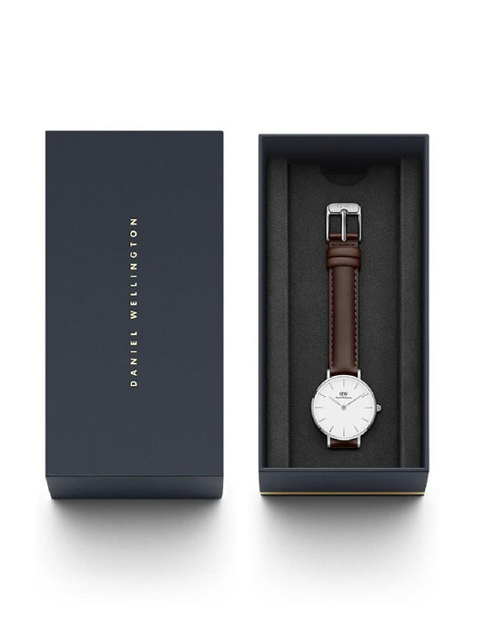 Daniel Wellington dark brown leather belt white dial watch for ladies
