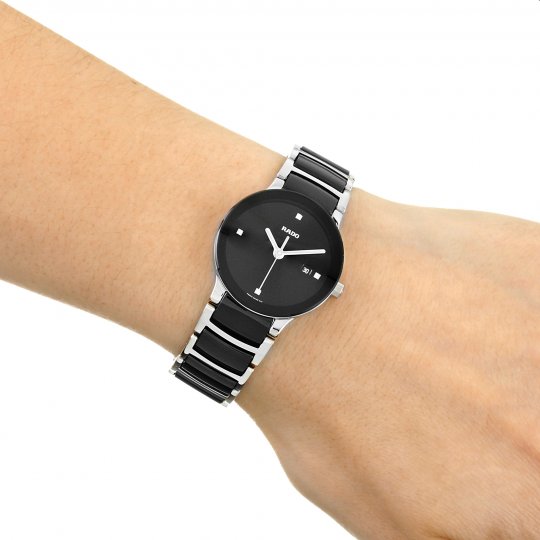 Rado Centrix black silver chain couple watches