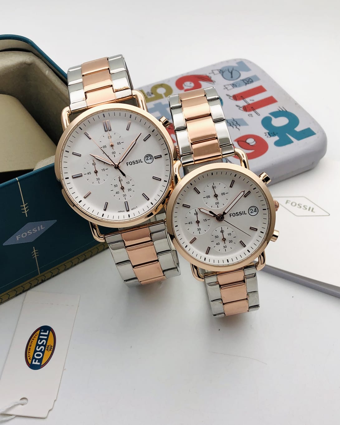 Fossil couple silver copper chain watches