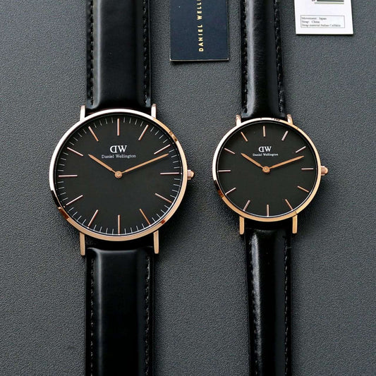 Daniel Wellington black leather belt couple watches